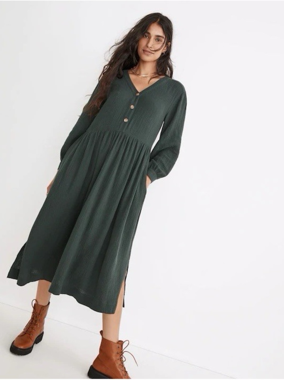 Madewell Lightspun Button-Front Midi Dress in Dark Palm